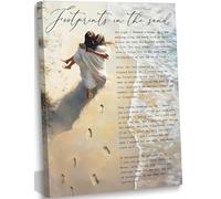 Footprints in the Sand Canvas Wall Art Chrisitan Inspirational Painting Picture Jesus Hugging Woman on Beach Poster Prints for Christian Women Living Room Bedroom Wall Decor 16x24in Framed