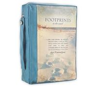 Footprints in The Sand Inspirational Poem Blue Poly Canvas Bible Cover for Women Extra Large Zippered Case for Bible or Book w/Handle