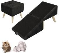 Footstool dog ramp, 2-in-1 split-type foldable pet stairs and foldable stool for small dogs and cats, multi-functional wooden household steps, anti-slip multi-purpose safe climbing (black plush)