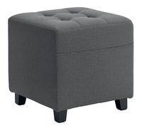Footstool Grey 35cm Square Linen-feel Ottoman with Storage Pocket & Tufted Top.