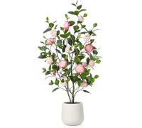 Fopamtri Artificial Camellia Tree 120 cm, Artificial Plants Indoor with 30 Flowers, Faux Blooming Floral Plant with White Planter for Home Office Garden Decoration (Pink)