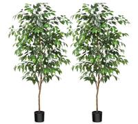 Fopamtri Artificial Ficus Plant 150 cm Large Fake Plants Indoor with Natural Wood Trunk, Fake Potted Ficus Tree for Home Bedroom Office Balcony Garden Decorations (2 Pack)
