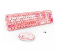 FOPETT Wireless Keyboard and Mouse Combo - 2.4G Full-Sized Cute Colorful Retro Keyboard with Round Keycaps 104 Keys Typewriter Keyboard for Laptop/Windows/PC-Pink Colorful