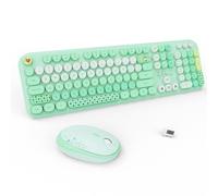 FOPETT Wireless Keyboard and Mouse Combo - 2.4G Full-Sized Cute Colorful Retro Keyboard with Round Keycaps 104 Keys Typewriter Keyboard for Laptop/Windows/PC-Green Colorful
