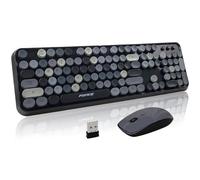FOPETT Wireless Keyboard and Mouse Combo - 2.4G Full-Sized Cute Colorful Retro Keyboard with Round Keycaps, 104 Keys, Grey Colorful