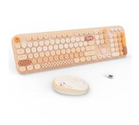 FOPETT Wireless Keyboard and Mouse Combo - 2.4G Full-Sized Cute Colorful Retro Keyboard with Round Keycaps 104 Keys Typewriter Keyboard for Laptop/Windows/PC - Milk Tea Colorful