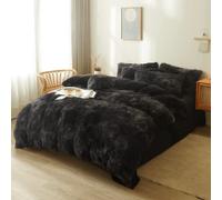 FOPPA Tie dye Black Plush Comforter Queen Size with Filler, Cozy Faux Fur Comforter 3pcs(1 Fluffy Comforter +2 Fur Pillow Cases) Quilted Shaggy Bed Comforter Set (Tie Dye Black, Queen)