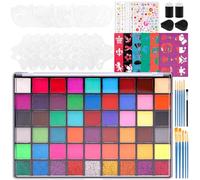 FOPPLA 54 Colors Water Activated Face Paint Kit Washable Non-Toxic Hypoallergenic Facepaint Palette Facial Makeup Set with Brushes Stencils Gems Sponges for Festival Birthday Party(54 colors)