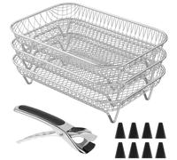 Foppla Air Fryer Rack,12Pcs Air Fryer Accessories,3 Layer Stacking Air Fryer Grill Rack,Stainless Steel Dehydrator Rack Rectangular with 8 Silicone Feet 1 Anti-Scald Clip for Double Basket Air Fryer