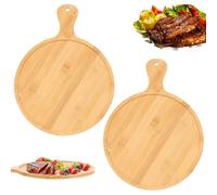 FOPPLA Bamboo Pizza Peel and Cutting Board with Handle, 2-Pack Round Wooden Serving Tray for Pizza, Bread, Cheese, Steak, and Fruit, Non-Toxic Kitchen Dough Spatula for Oven, Dining, and Party
