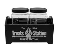Foppla Dog Treat Container,Wooden Dog Biscuit Organiser with 2 Plastic Jars,Pet Treat Station for Dog and Cat,Storage Canister for Pet Owners and Lovers (Black)