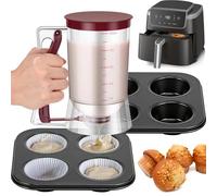 Foppla Nonstick Carbon Steel Muffin Pan with Easy-Pour Batter Dispenser, 4-Cup Heavy Duty Standard Size Baking Mold Tray, for Cupcakes, Mini Pies, Desserts & More, Essential Oven Bakeware Set, Black