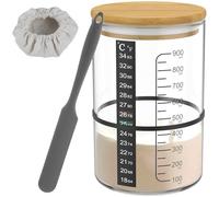 Foppla Sourdough Starter Jar,7Pcs Glass Sourdough Starter Kit with Scale Thermometer Paper,900ml Temperature Resistant Sourdough Starter Container with Wooden Lid Cloth Cover