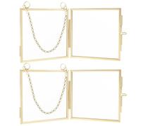 Fopppla2Pcs Metal Glass Square Hanging Mini Photo Frames Double Sided Picture Frames with Chain Easy Cleaning Pressed Flowers Display Frames for Home Wall Decor