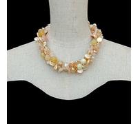 FOPURE 14mm Freshwater Cultured Champage Coin Pearl 12mm Yellow Agate Cyrstal Necklace Gemstone Jewelry