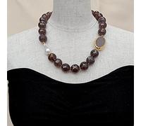 FOPURE 18mm Faceted Round Gray Agate Bead Agate Connector Cultured White freshwater Pearl Choker Necklace 21"