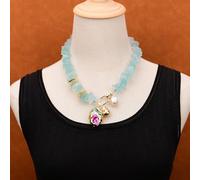 FOPURE 19" Blue Aquamarine Color Glass Rough Quartz Necklace White Keshi Pearl Colorful Baroque Sea Shell Pendant