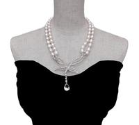 FOPURE 2 Rows Freshwater Cultured White rice Pearl Necklace Cubic Zirconia Pave Pendant Fashion Jewelry