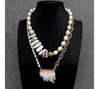 FOPURE 32x42mm Quartz Pendant Freshwater Cultured White Rice Pearl Biwa Pearl Necklace Gemstone Jewelry