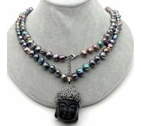 FOPURE 37" Cultured Black potato freshwater Pearl Necklace black crystal Buddha Pendant religious style party for women
