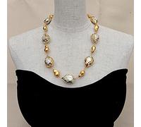FOPURE Cultured White Freshwater Pearl Blue larimar Chips pave Teardrop Shape Gold brushed teardrop Wrap Necklace 24"