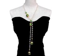 FOPURE Cultured White Pearl 16mm-20mm Green Glass Rosary Chain Long Necklace