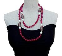 FOPURE Cultured White Rice Freshwater Pearl Fuchsia Agate Faceted Round sweater chain Long Necklace 51"
