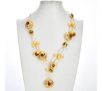 FOPURE Freshwater Cultured Golden Rice Pearl Red Coral Electroplated Edged Beads Brown Murano Glass Chain Necklace 21"