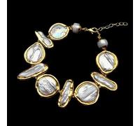 FOPURE Freshwater Cultured White Biwa Pearl Coin Pearl Gold plated Necklace Bracelet Earrings Sets(Bracelet)