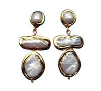 FOPURE Freshwater Cultured White Biwa Pearl Coin Pearl Gold plated Necklace Bracelet Earrings Sets(Earrings)