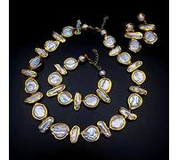 FOPURE Freshwater Cultured White Biwa Pearl Coin Pearl Gold plated Necklace Bracelet Earrings Sets(Sets)