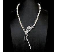 FOPURE Freshwater Cultured White Keshi Pearl Necklace Cubic Zirconia Pave leaf silver plated connector 19"