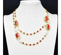 FOPURE Freshwater Cultured White Pearl Red Coral Red Crystal Station Long Necklace 39" Collar Long Sweater chain For Lady