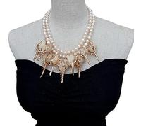 FOPURE Sea Shell screw Pendant 2 Strands Freshwater Cultured White Pearl Statement Necklace 18"
