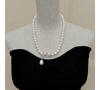 FOPURE Weddding Cultured 10-11m White Potato Freshwater Pearl Necklace Pave Shell Pearl Pendant 20"