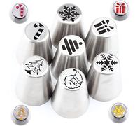 Fopytu Christmas Russian Piping Tips Set, 8 Pcs Stainless Steel Russian Icing Nozzles Set Snowflake Xmas Tree Shaped Cream Tip Nozzles for Cake Decoration