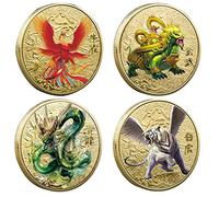 Fopytu Traditional Collectible Coin, 4 Pcs Chinese Ancient Mythical Creatures Souvenir Coin Collection Challenge Coin