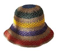 Fopytu Woman Sun Straw Hat Handmade Rainbow Striped Crochet Beach Bucket Hat Panama Hat