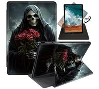 for 6.8'' Kindle Paperwhite Case (11th Generation,2021) for Kindle Paperwhite Signature Edition Case,PU Leather Rotating Stand 6.8 inch Paperwhite E-Reader Cover-Grim Reaper Holding Red Roses