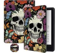 for 7" All-New Kindle Paperwhite 12th Gen 2024 and Kindle Colorsoft Signature Edition, Slim Multi-Angle Stand Cover with Auto Wake/Sleep + Screen Cleaning Pad, Sugar Flowers Skull