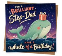 For a Brilliant Step-Dad Birthday Card - Cute Whale Design with Gift, Fun Birthday Card for Step Dad