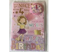 For A Dear Niece You Are 4 Today Birthday Card With Badge Age 4 4th Fourth Four Cute Girl/Heart Balloon Glitter/Foil Detail(CC7505)
