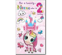 For a Lovely Niece who is 2 Today - Happy Birthday Greeting Card with Lovely Verse - Unicorn, Butterflies, Rainbow & Castle - Wee Nippers by Cardigan Cards