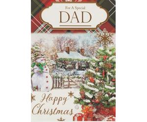 For A Special Dad Happy Christmas. Snowy Garden Scene And A Tree With Gifts.