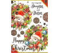 For a Special Daughter and Partner Christmas Card - Cute Bears in Festive Wreath Design - Gold-Foiled 19x13cm Greeting Card with Envelope - Inside Reads “Hope this Christmas brings happiness…”