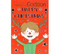 For a Special Godson Christmas Card - Cute Reindeer Boy Design - Festive Red & Green - Inside Verse -Greeting Card with Envelope