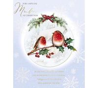 For a Special Mum at Christmas - Festive Xmas Robins on Branch - Luxury Keepsake Christmas Boxed Handmade Card - XBDWW004