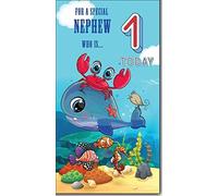 For a Special Nephew who is 1 Today - 1st First Birthday Greeting Card with Lovely Verse - Under the Sea, Whale, Crab, Fish, Seahorse - Wee Nippers by Cardigan Cards
