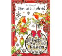 For a Special Niece and Her Husband Christmas Card - Beautiful Robins & Baubles Design - Embossed and Gold-Foiled 19x13cm Greeting Card with Envelope - Inside Reads “Hope You Have a Wonderful Time…”