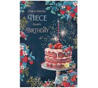 For a Special Niece Birthday Card - Strawberry Cake & Sparkler Design - Luxury Floral Birthday Card